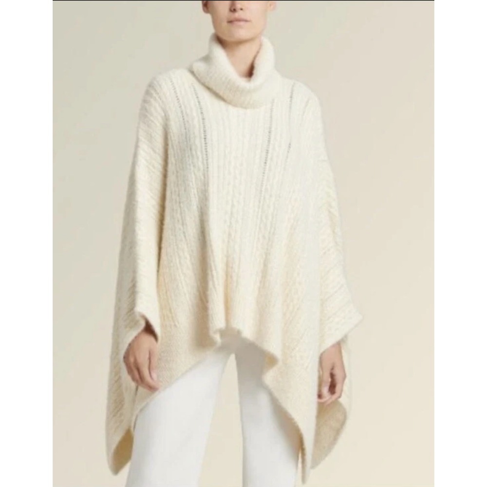 NEW Donna Karan‎ Ivory Cable Knit Cowl Neck Poncho Sweater Cape